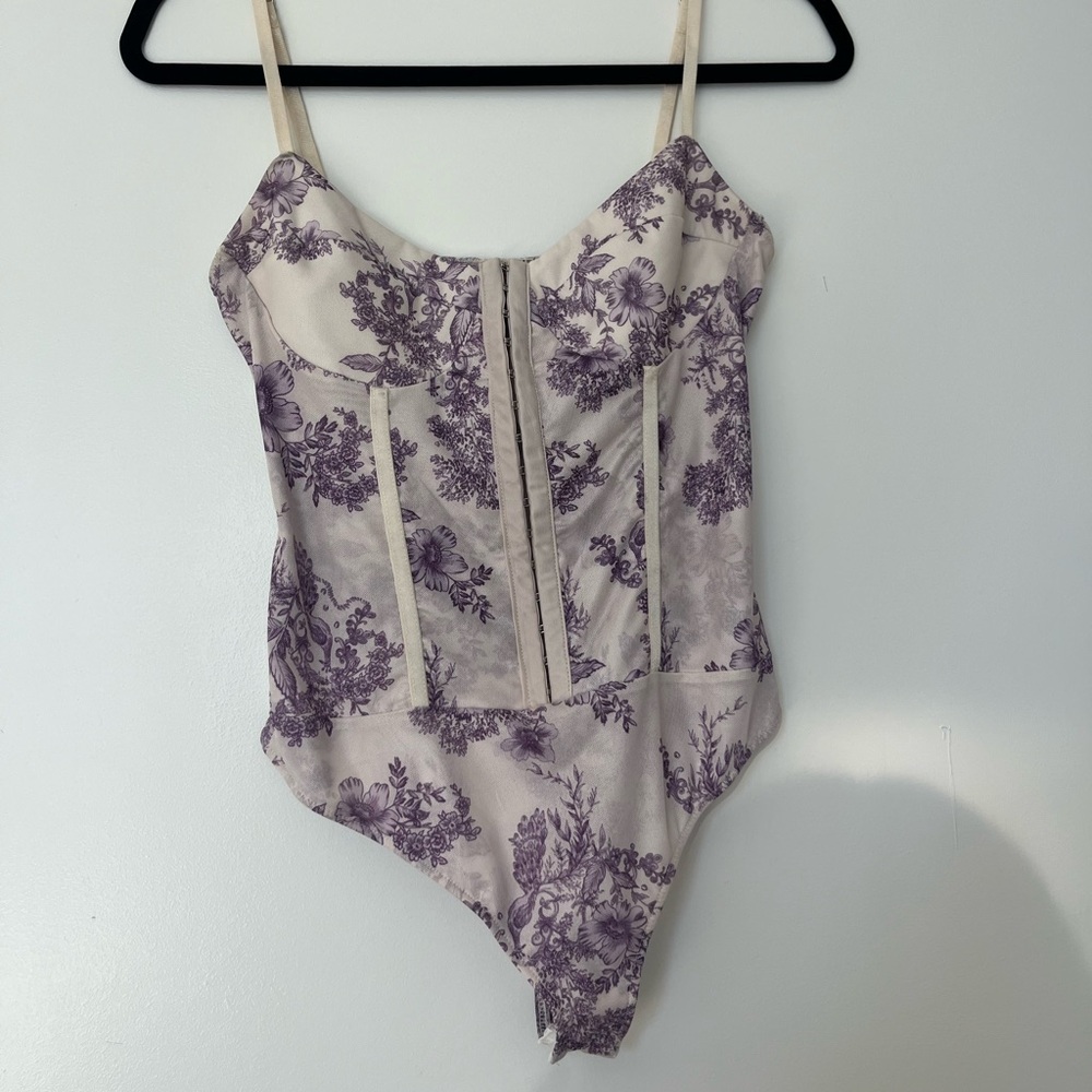 Free People Cream and Purple Floral Bodysuit
